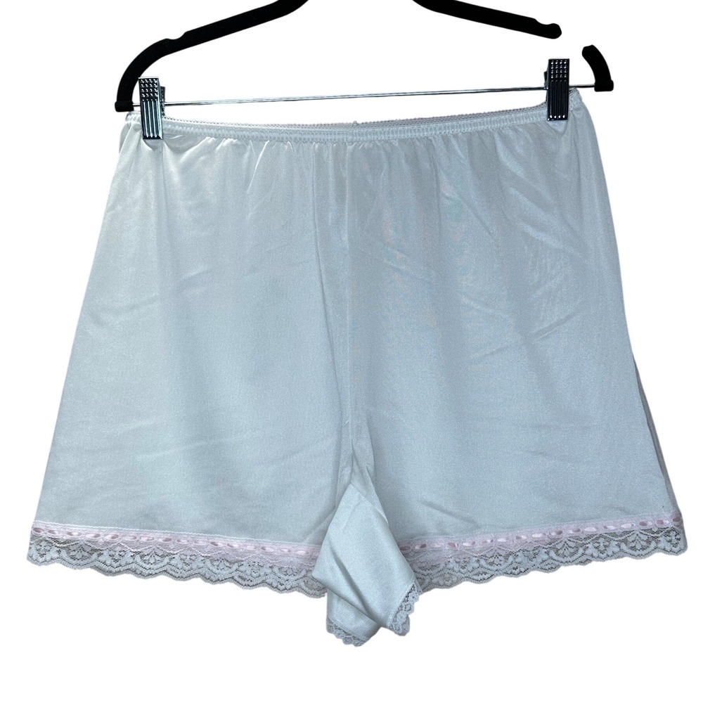 Smart Fit VTG Slip Shorts Size 8 White Pink Lace Trim Nylon‎ USA Made Cottage